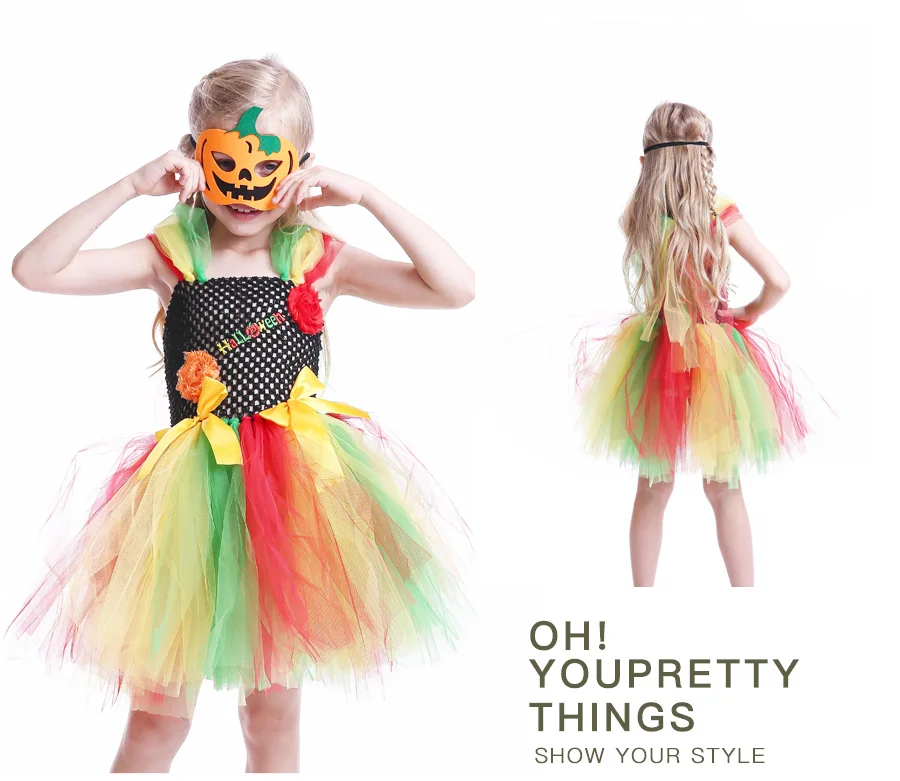 Rainbow Style Girls Halloween Tutu Dress with Pumpkin Mask Handmade Kids Birthday Dress Baby Girl Cosplay Costume Vestidos (8)