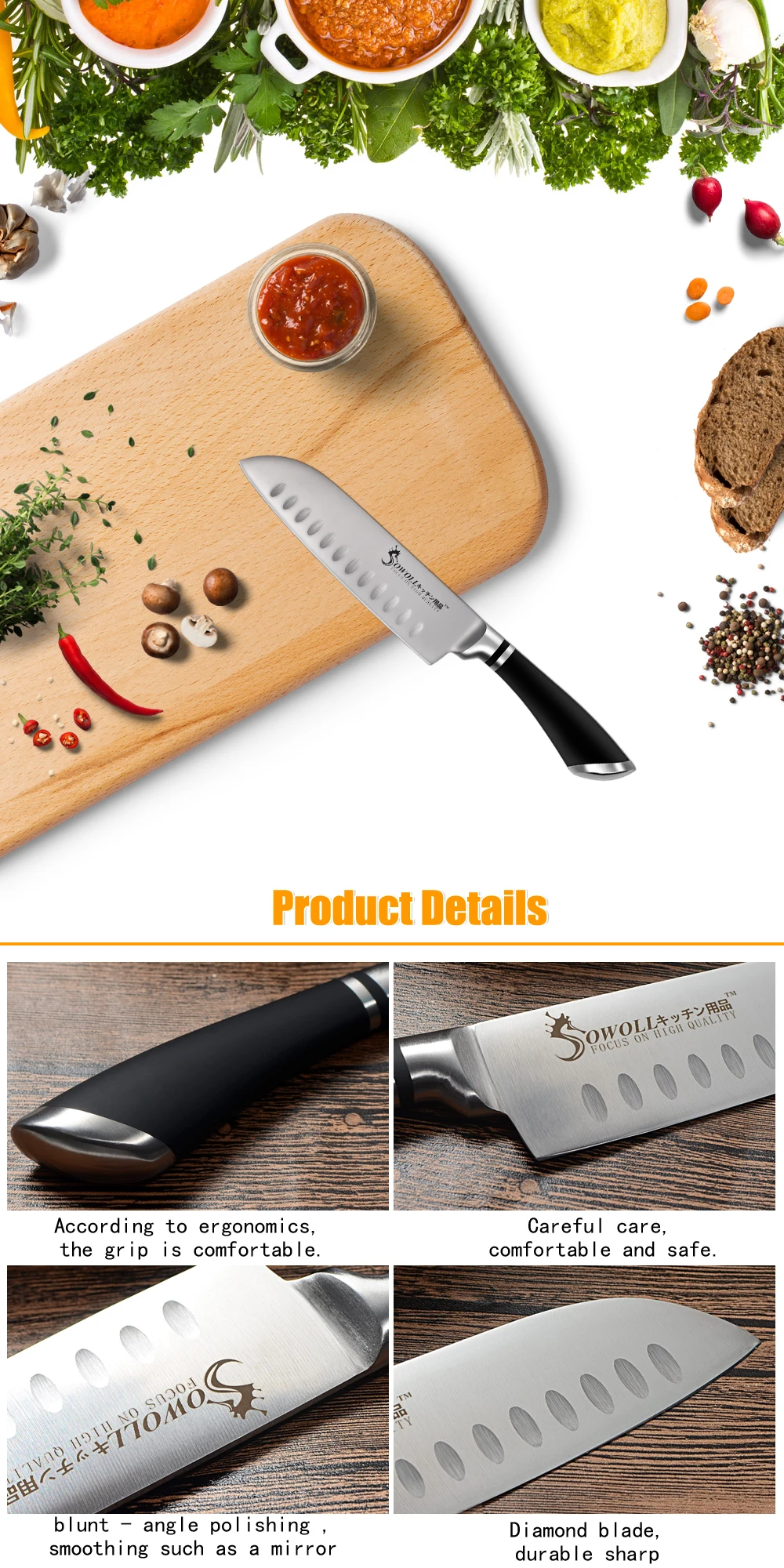 SOWOLL Лидер продаж 7 дюймов нож из нержавеющей стали Santoku японский кухонный нож шеф-повара 4Cr14mov антипригарные острые лезвия Ножи для суши