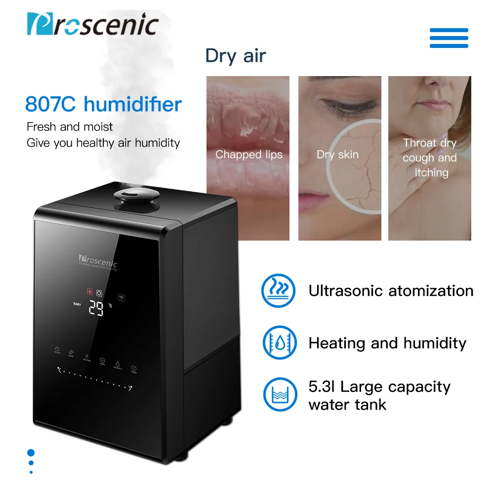  Proscenic 807C 5.5L Warm and Cool Mist Ultrasonic Humidifiers for Bedroom and Babies Vaporizer with