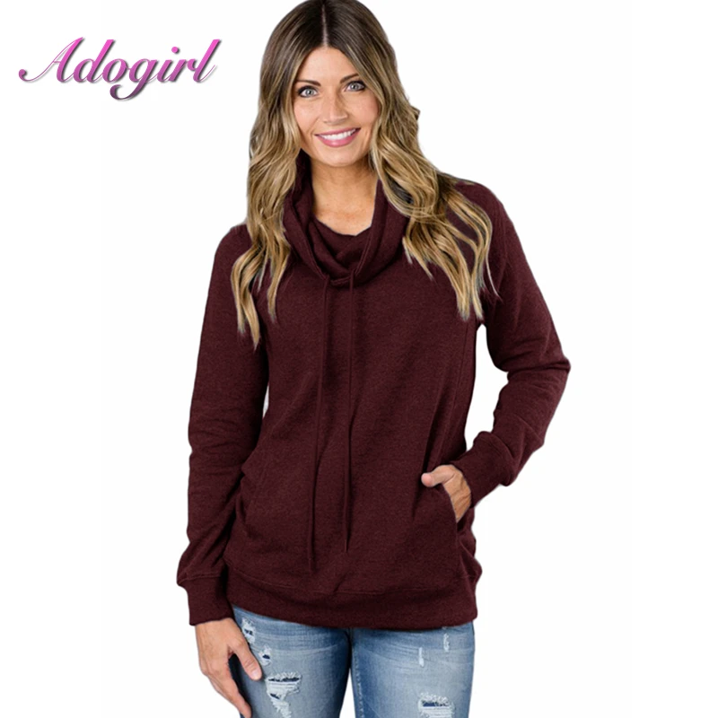 

2019 Autumn Scarf Collar Sweatshirt Women Casual Solid Color Pullovers Casual Bandage Woman Hooded Off White Crop Top