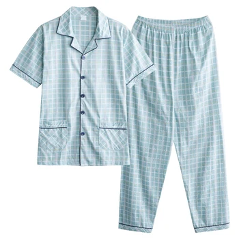 

Newest Summer Pijamas Knitted Cotton Thin Striped Men Pajamas Suit Short Shirts+Long Pants Turn-down Collar Plus Size Pajamas