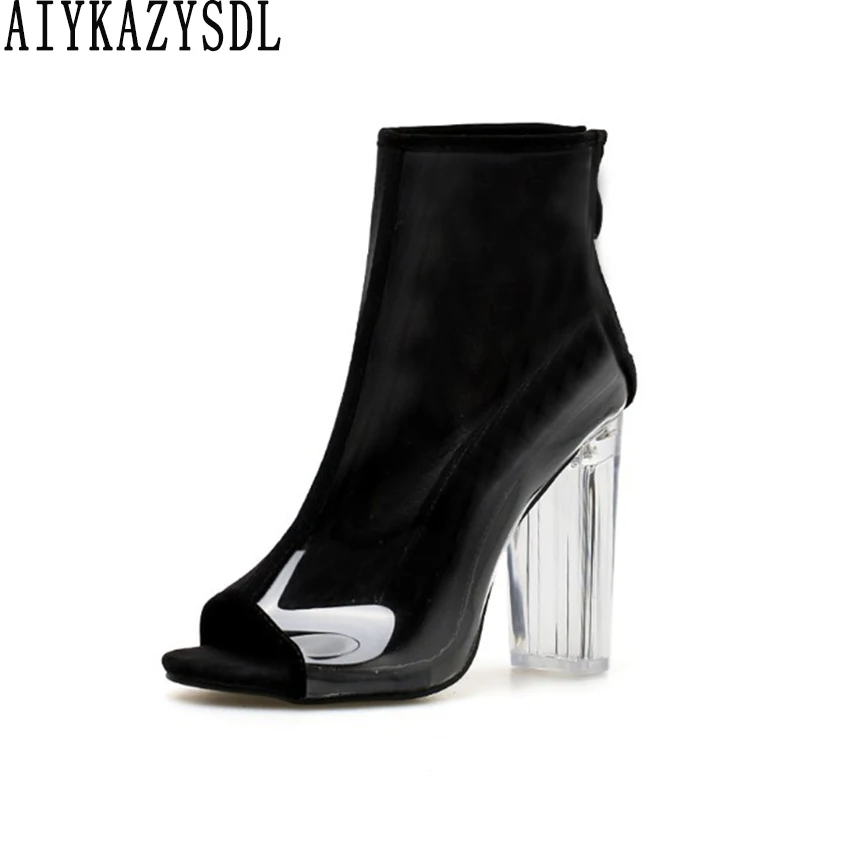 

AIYKAZYSDL Fashion Style Patchwork Flock PVC Transparent Crystal Ankle Boots Peep Toe Bootie Women Clear Thick Block High Heels