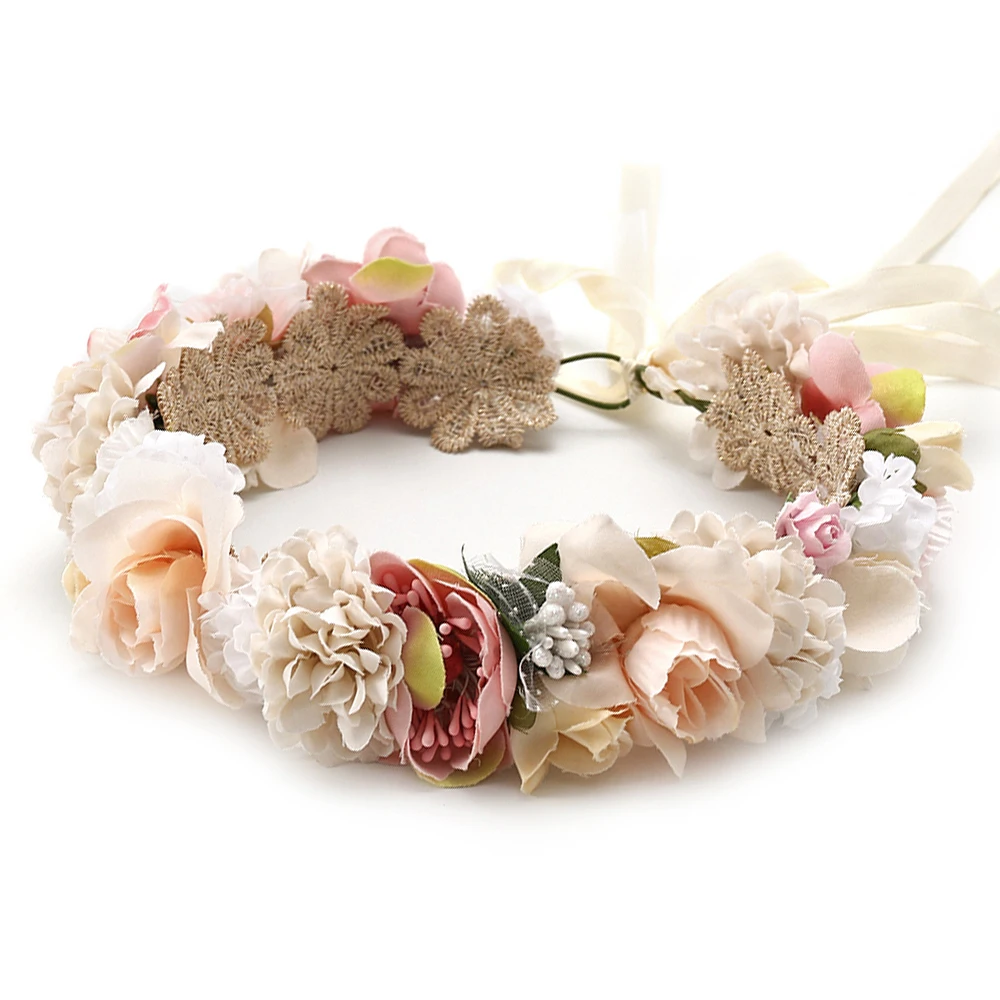 

HIYONG Rose Flower Crown Hair Wedding Floral Headband Garland Ribbon Bow Girl Carnation Flower Wreath Elastic Hair Accessories