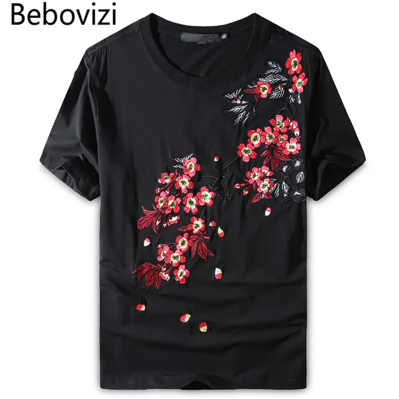 

Bebovizi Brand Top Quality Men Black Tshirts Chinese Style Flowers Embroidery T Shirts Casual O Neck Short Sleeve Tops Tees