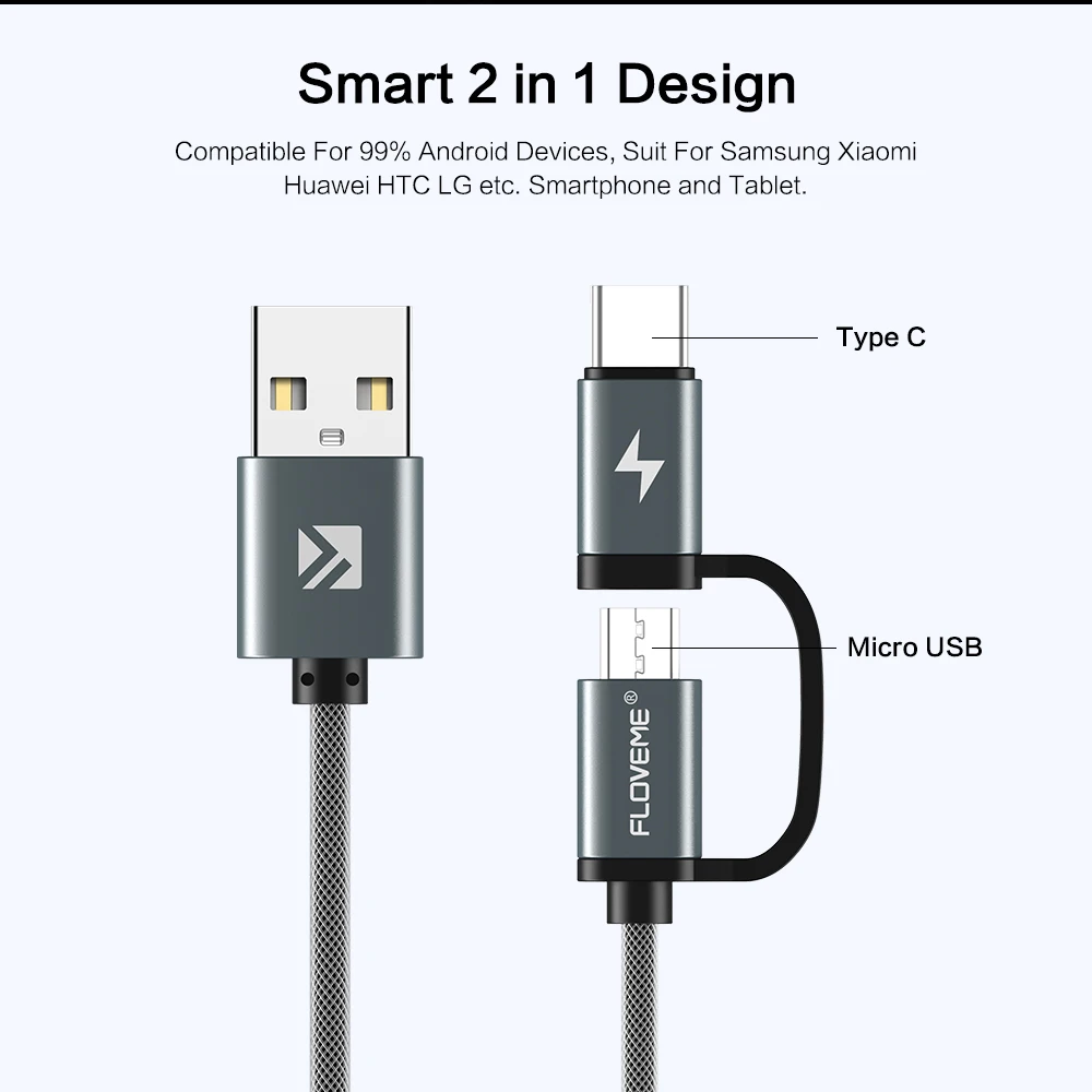 FLOVEME QC 3,0 USB кабель Micro usb type C 2 в 1 кабель для быстрой зарядки для samsung Galaxy S9 Note8 для huawei p20 Redmi note 5 pro