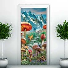 Mountain Mushroom Elk Scenery Corridor Door Background Decorative PVC Wall Sticker For Kids Room Bedroom Home Decor Door Sticker