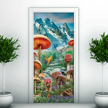 

Mountain Mushroom Elk Scenery Corridor Door Background Decorative PVC Wall Sticker For Kids Room Bedroom Home Decor Door Sticker