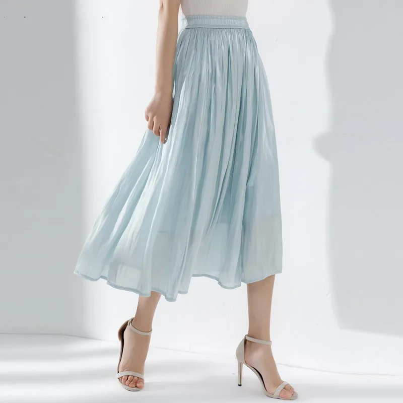 

High Quality Summer Women Imitation Silk Skirts Japan Fabric Elastic Waist Thin Pleated Skirt Lady Chic Bright Street Skirt