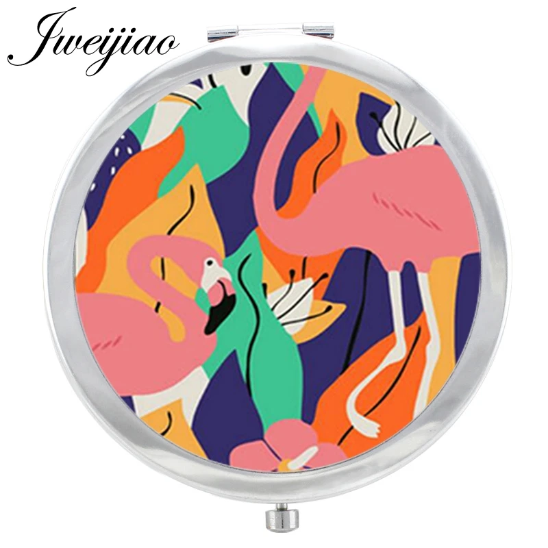 

JWEIJIAO 2019 Makeup Mirror Pink Flamingo Birds Paintings Floding Round compact Hand pocket Magnif Mirror espejo