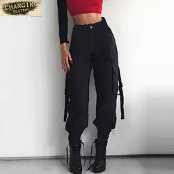 2019 модные женские брюки в стиле хип-хоп, женские брюки с карманами, лоскутные хлопковые свободные уличные узкие брюки с высокой талией