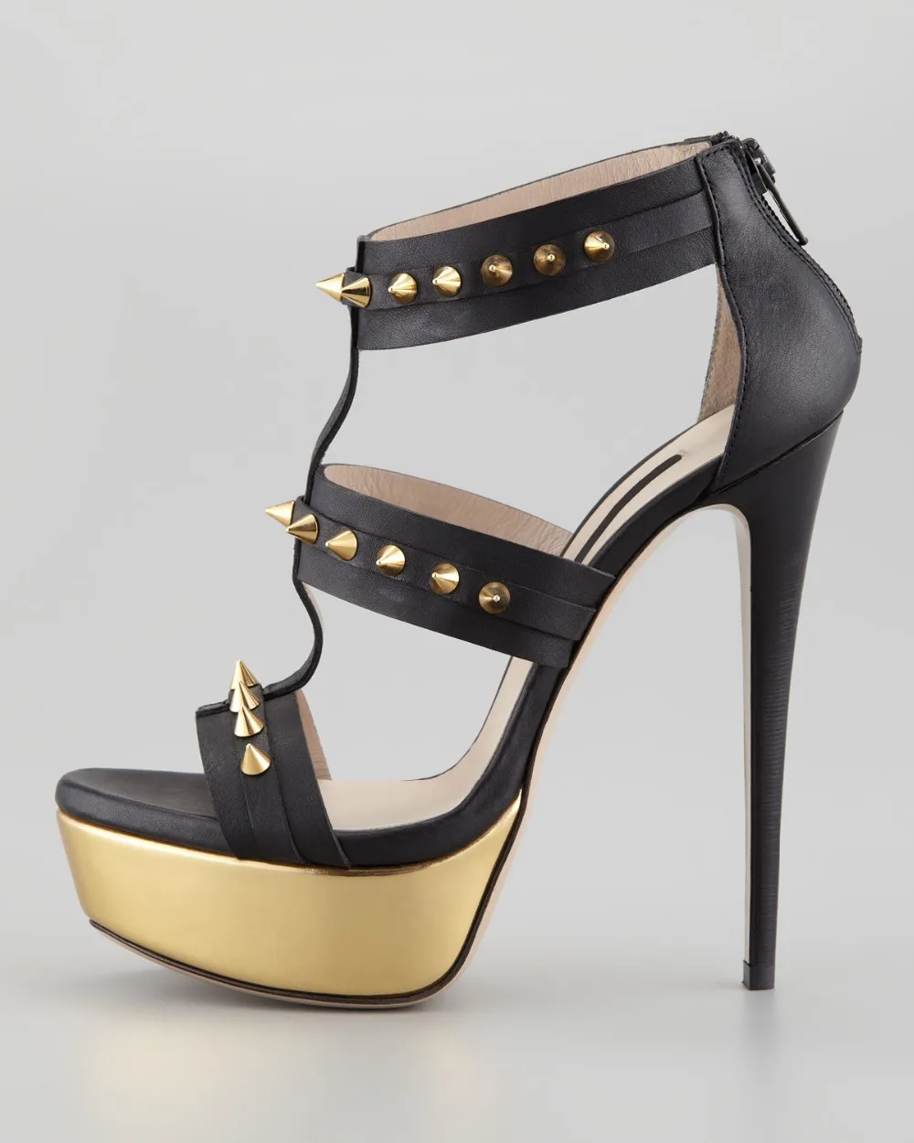 

Platform Women Party Shoes Thin High Heel Black And Camel Colors Copy Leather Woman Sandals Zipper Shoes Open Toe With Rivets