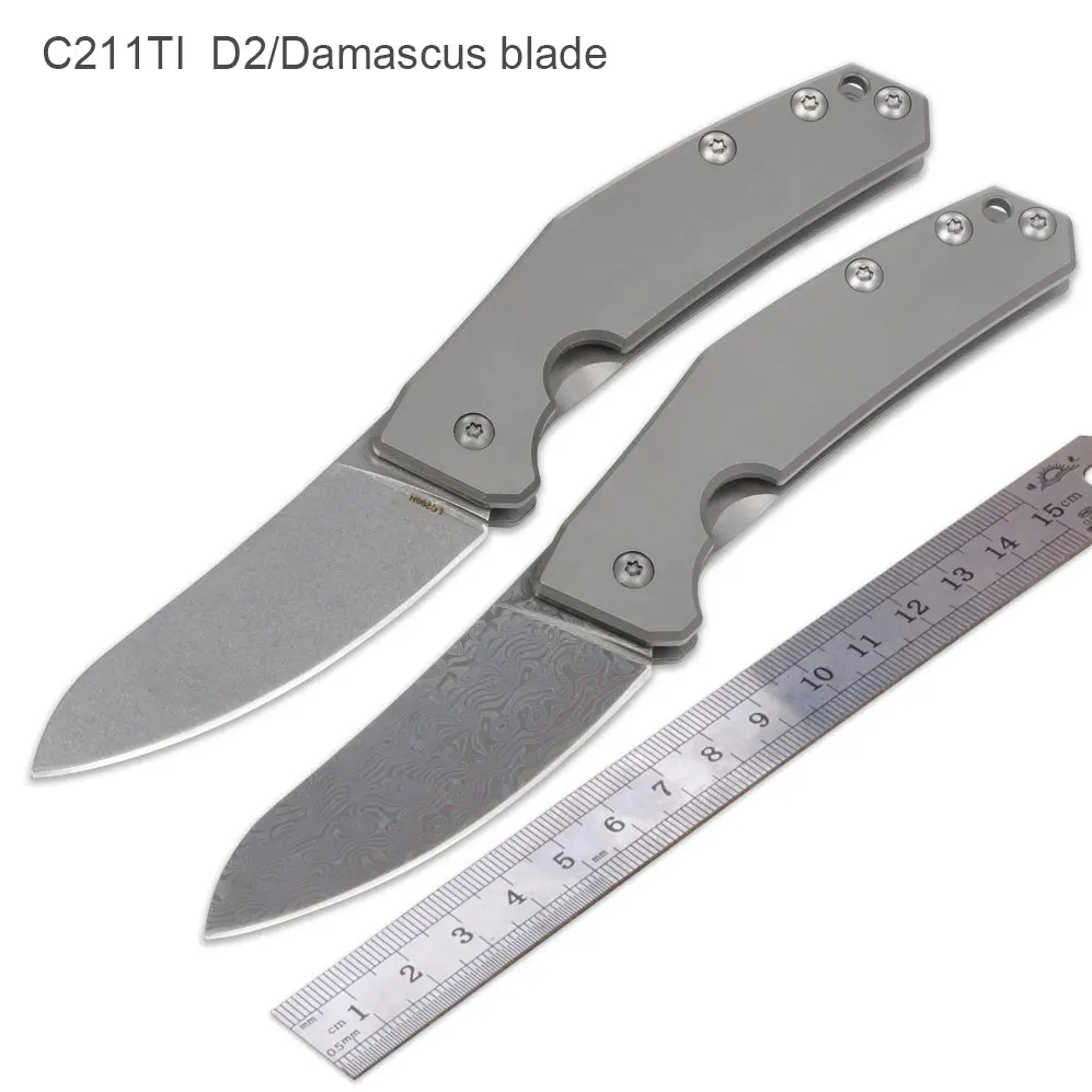 Online C211 211TI cuchillo plegable D2 Damasco hoja aleación de titanio bolsillo 58 60HRC supervivencia cuchillo táctico rescate EDC Multitool