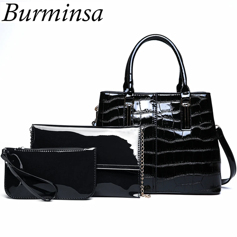 Burminsa 3 Sets Crocodile Black Patent Leather Handbags Women Shoulder Messenger Bags Vintage Composite Bags With Clutch Purse