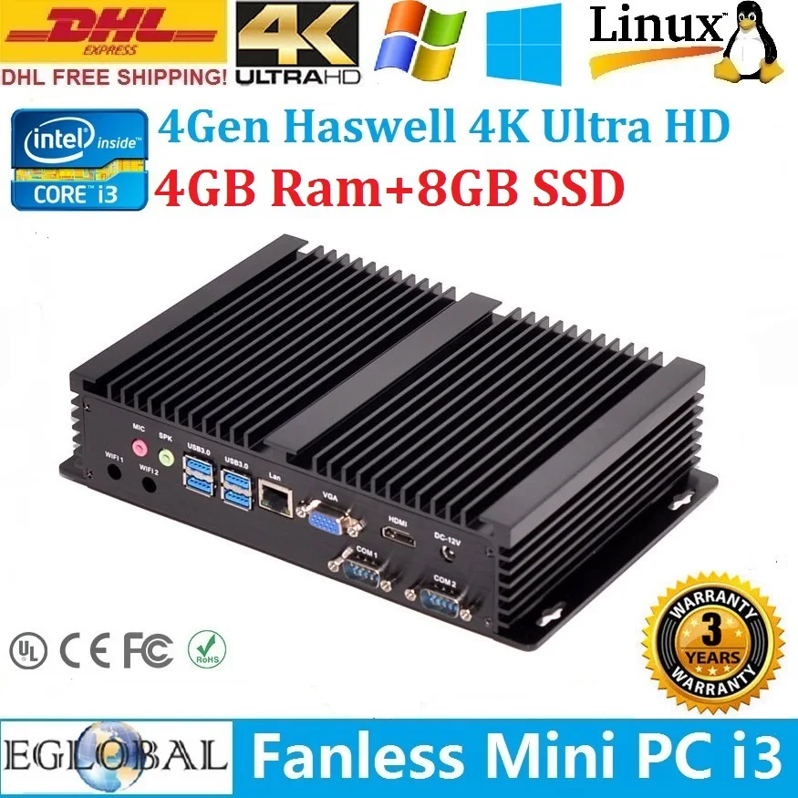Green Computer Mini Fanless PC Industrial Desktop HTPC Intel Core i3 4010U 4GB Ram 8GB SSD Win8 or Win7 Preinstalled freely