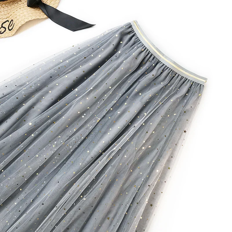 YuooMuoo трапециевидная элегантная женская летняя плиссированная юбка Милая блестящая длинная юбка в горошек с пентаграммой 3 уровня сетчатая эластичная юбка макси - Цвет: Gray