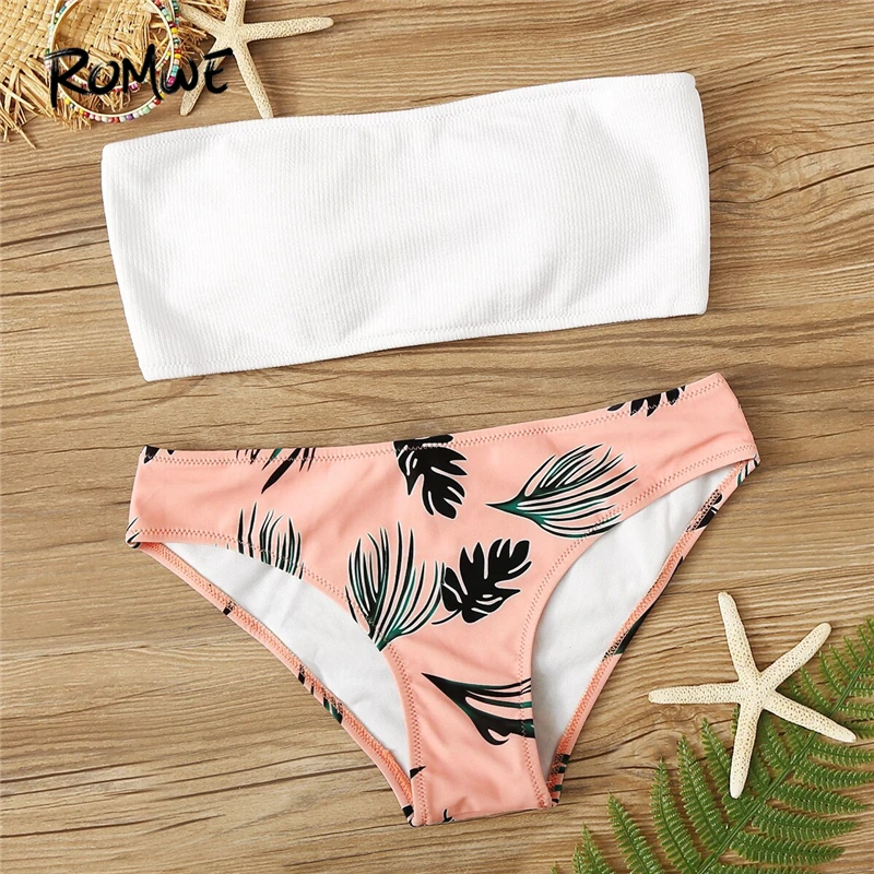 

Romwe Sport Multicolor Bikinis Set Ribbed Bandeau With Leaf Print Panty Swimwear Woemn Summer Wire Free Boho Sexy Swimsuit