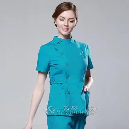 Дешевые летние женские медицинские скрабы для больниц с индивидуальным логотипом, набор узких зубных скрабов для салона красоты, униформа медсестры для спа - Цвет: lake blue women