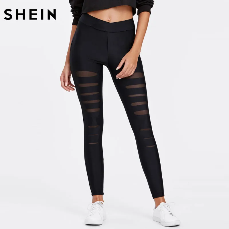 SHEIN черные леггинсы женские сетчатые рваные Леггинсы со средним обхватом талии