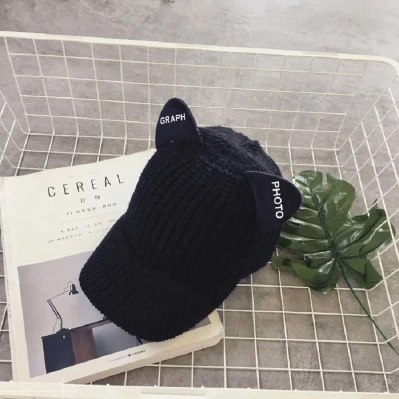 New Women Cat Ears Cap Casual Outdoor Knitted Wool Baseball Caps For Women Hats Snapback Caps For Adult Winter Warm Hat