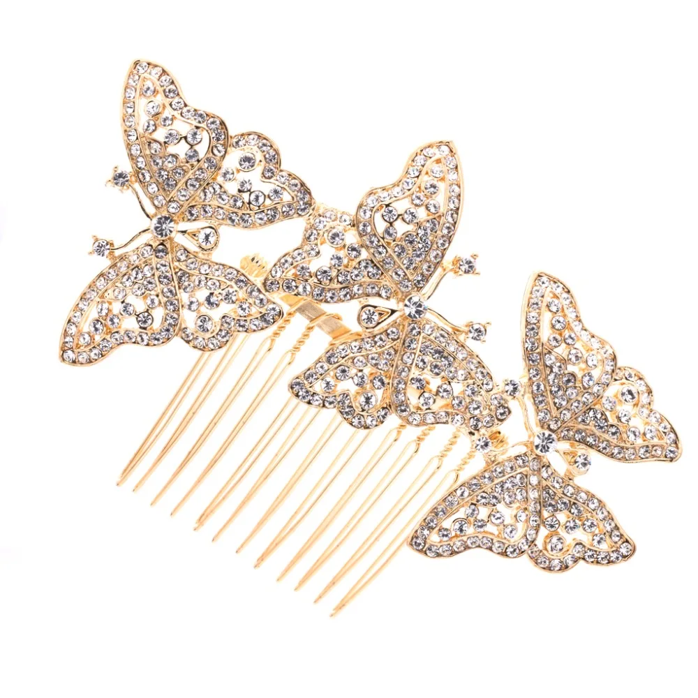 Горный хрусталь кристалл 3 Бабочка Свадебная Тиара волос сбоку гребень заколки, аксессуары ювелирные изделия CO1469RGCL