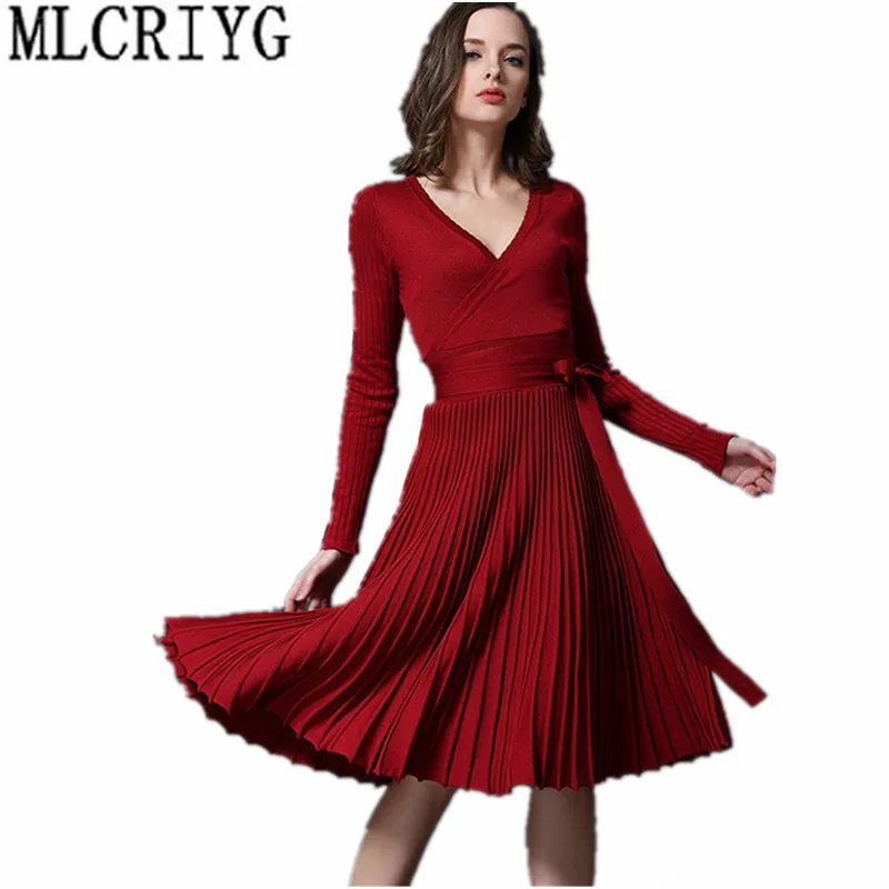 

2018 Elegant Knitted Spring Dress Red Black Party Dresses For Women Sashes V-Neck Pleated Dress Autumn Vintage Vestido Midi 166