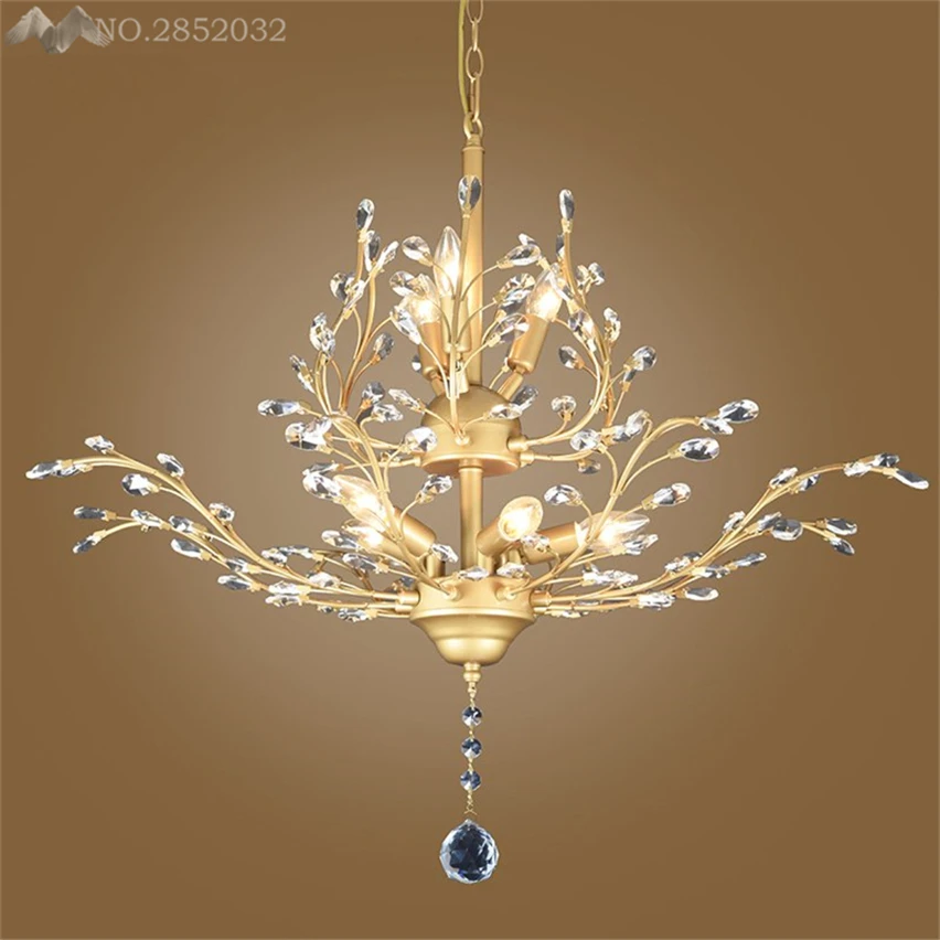 

JW American Retro K9 Crystal Chandelier European Style Iron Tree Chandeliers for Living Room Bedroom Restaurant Indoor Lighting