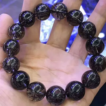 

Women Men Powerful Stretch Crystal Big Round Bead Bracelets AAAAA 16mm Brazil Genuine Natural Black Rutilated Quartz Bracelet