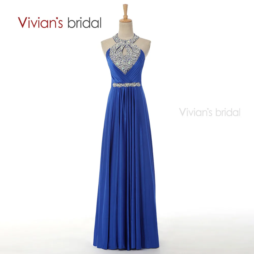 

Vivian's Bridal A Line Evening Dress Long Beading Crystal Halter Satin Formal Evening Gown ED8010