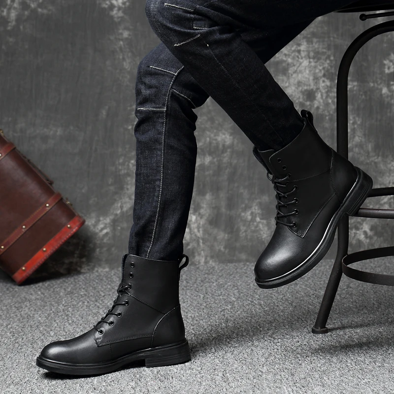 

BOLE Size 35-50 Genuine Leather Boots Men Spring Winter High Top Leather Shoes Plus Velvet Men Boots Flats Men Motorcycle Boots
