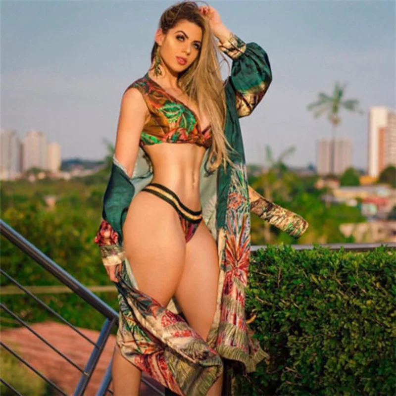 

2018 Women Push Up Padded Bikini Set High Waisted Swimsuit Swimwear 3 Pieces Print Bikinis Set