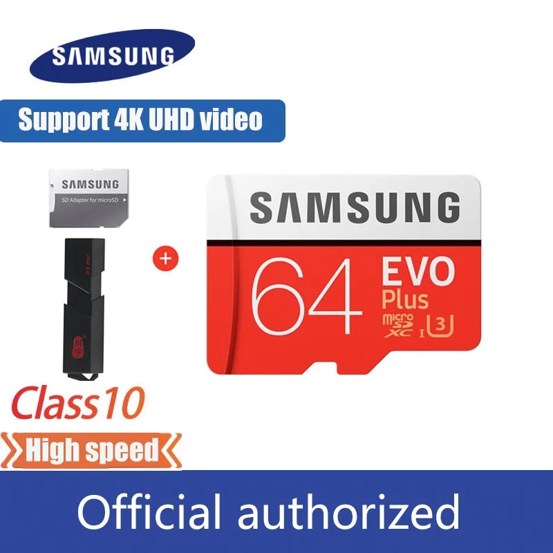 Карта памяти MicroSD SAMSUNG EVO Plus Micro SD карты памяти 64 ГБ microSDXC U3 C10 UHS-I 100 МБ/с. Разъем для карты TF 4 к HD с адаптером и USB 3,0 кард-ридер