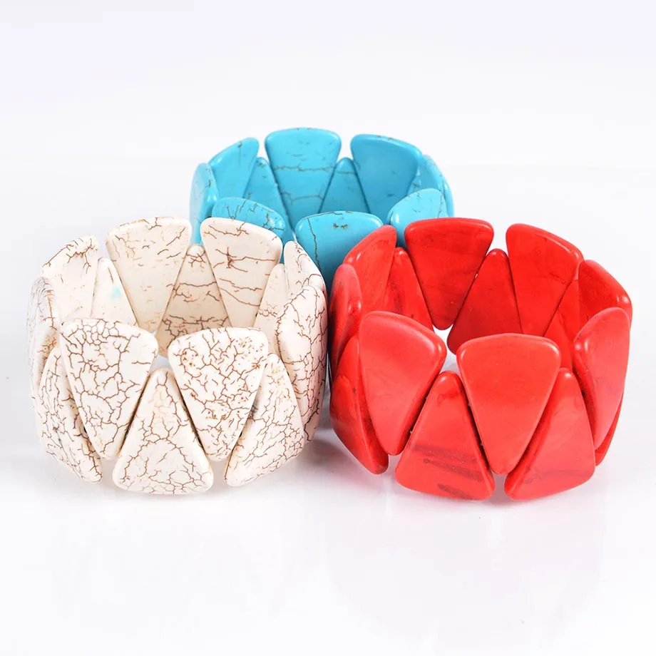 

White Red Blue Stretch Howlite Bracelet Wrist Wrapped Wide Bracelets Fingernail Shape Stones Bangles for Men Healing JewelryB048