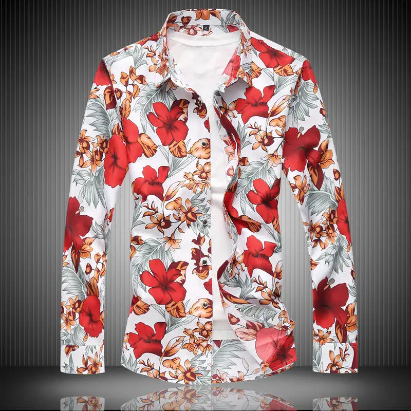 قميص الرجال الملابس M-7XL طويل كم زهرة طباعة رجل اللباس قمصان الصيف جديد عارضة هاواي الذكور قميص camisa الغمد قميص الرجال الملابس M-7XL طويل كم زهرة طباعة رجل اللباس قمصان الصيف جديد عارضة هاواي الذكور قميص camisa الغمد
