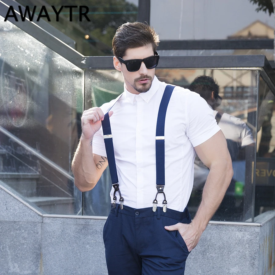 AWAYTR 2018 Fashion Men Suspenders 6 Clip on 10 Colors Braces Elastic