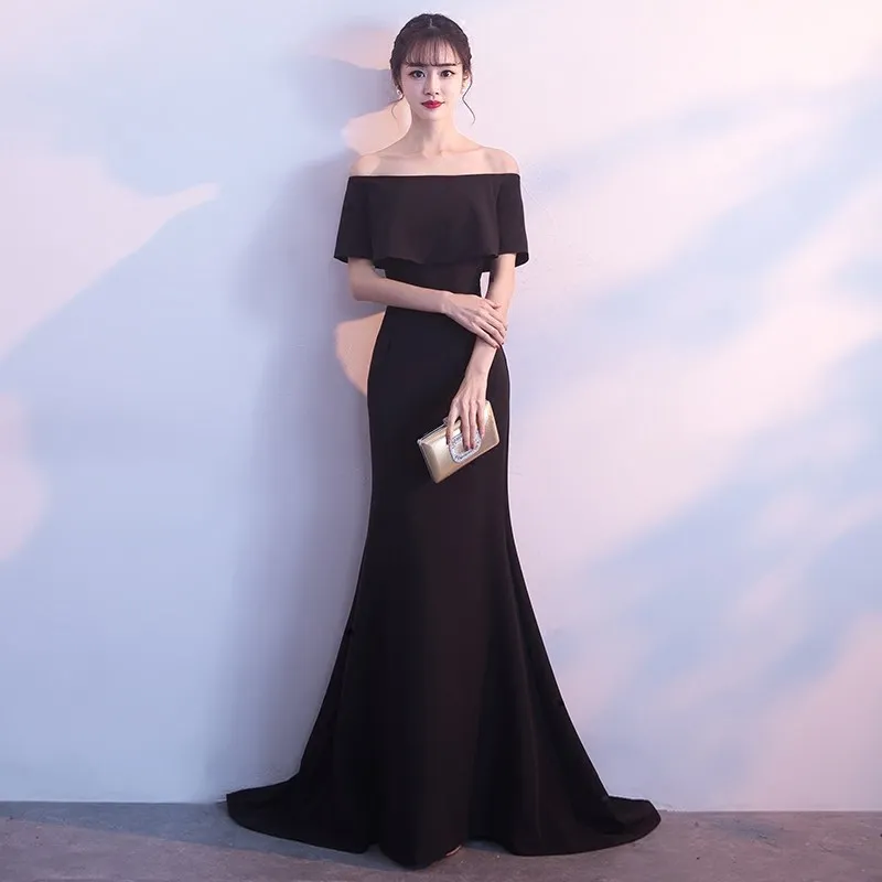 

One-shoulder evening dress female 2020 new ladies black banquet host sexy slim slimming fishtail long section