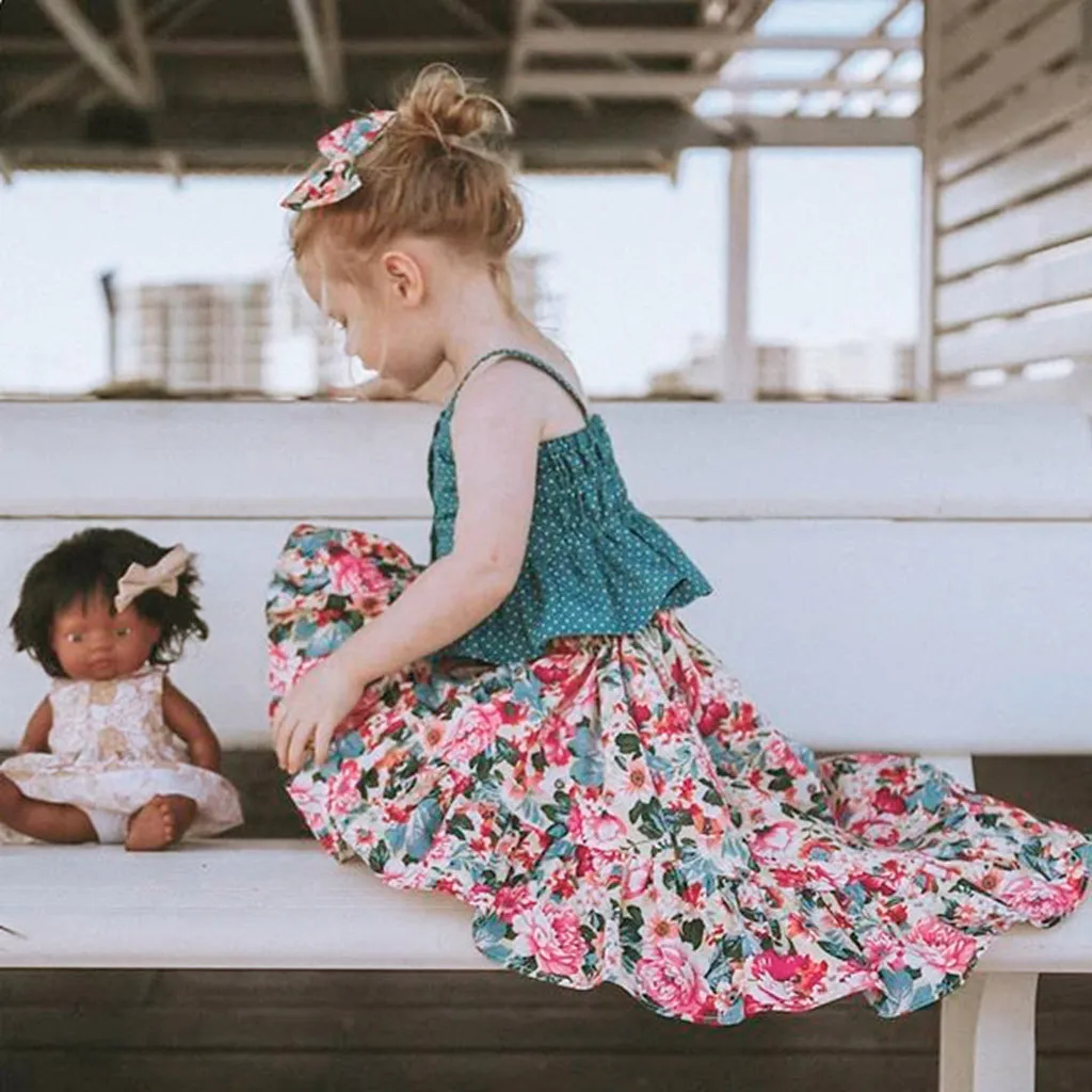 

Toddler Baby Girls Sleeveless Dot Straps Shirt Tops Floral Dress Clothes Sets Kids Dresses For Girls Summer Princess Costume
