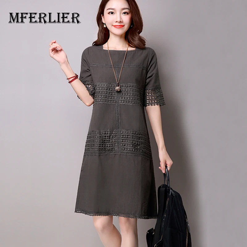 Summer Women Dress White Gray Color O Neck Short Sleeve Cotton Linen A Line Dress Hollow Out Vintage Dress Size S-2XL Summer Women Dress White Gray Color O Neck Short Sleeve Cotton Linen A Line Dress Hollow Out Vintage Dress Size S-2XL