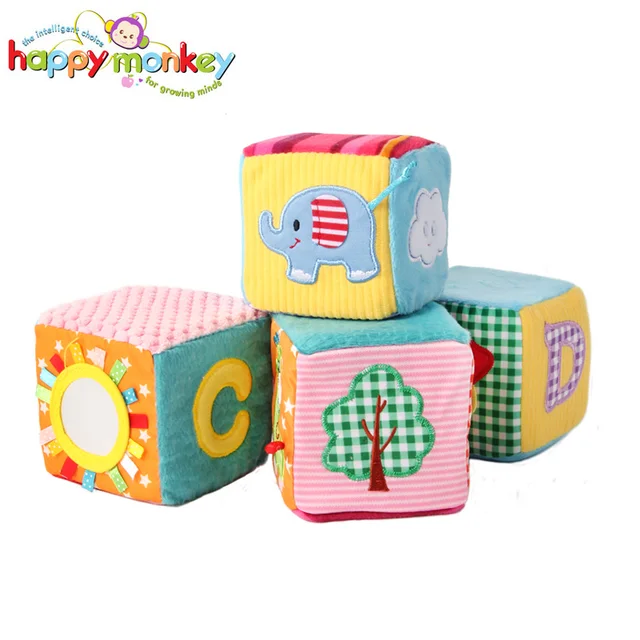 4 PCS Baby Soft Play Activity Block Grasp Cube Set Crinkle Rattle Bell