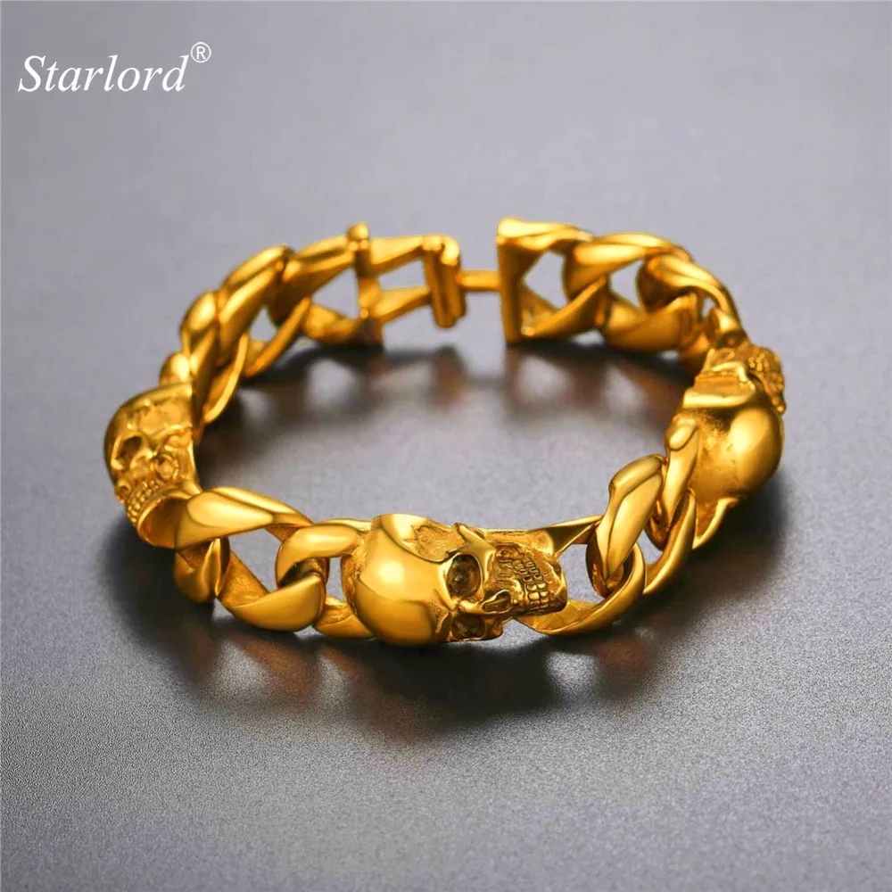 

Gothic Skull Skeleton Bracelet For Men 22CM Stainless Steel/Gold/Black Color Rocker Punk Bracelet For Men GH2770