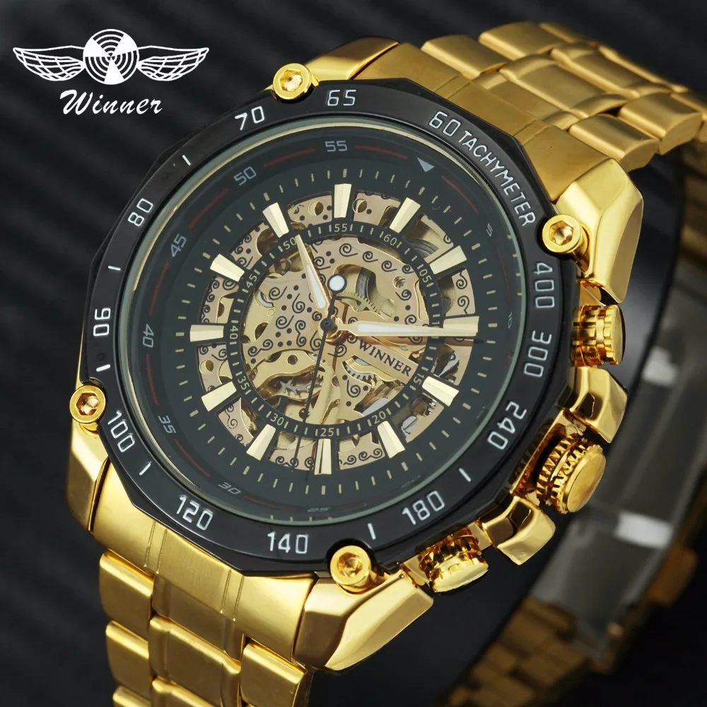 

2018 WINNER Golden Auto Mechanical Mens Watches Top Brand Luxury Stainless Steel Strap Skeleton Dial Big Case Wristwatch for Man