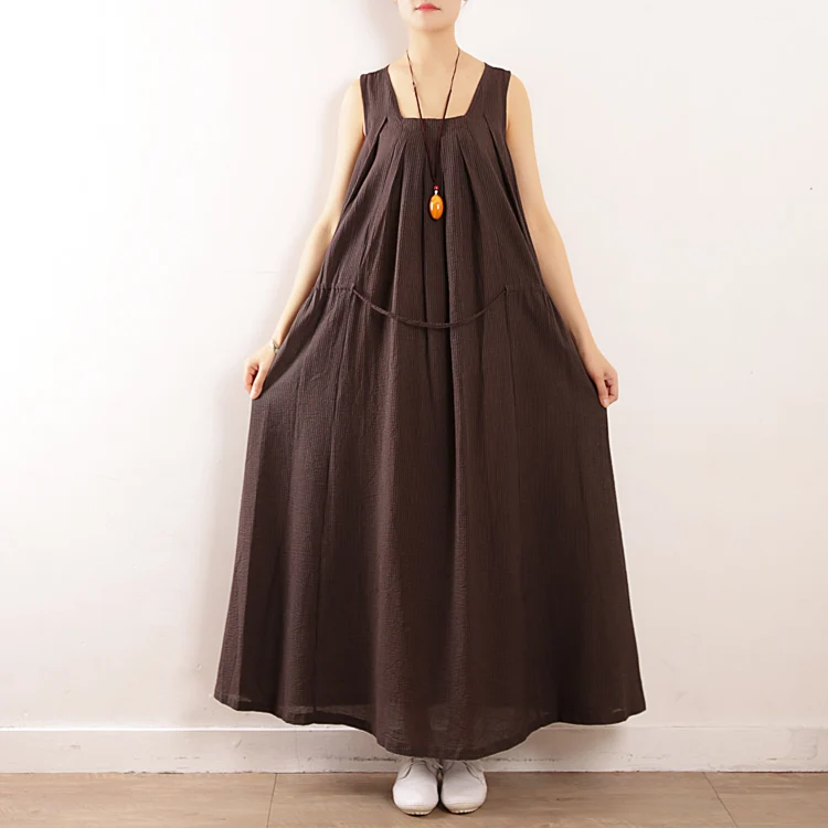 

2019 Women A Line Summer Vintage O Neck Sleeveless Loose Cotton Linen Drawstring Dress Solid Baggy Beach Long Vestido Plus Size