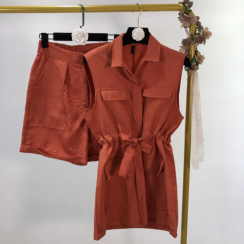 

pant suit 2019 summer small sleeveless vest long vest + high waist shorts fashion two-piece suit female