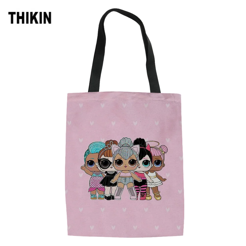 

THIKIN Cartoon 5 Girls Doll Pattern Pink Shopper Bags Canvas Women Tote Shoulder Bag Reusable Shopping Bag Lovely Ladies Handbag