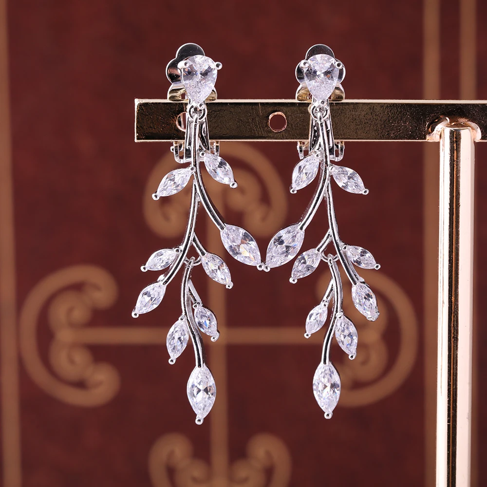 

Zircon Plant Design Drop Earrings Women Fashion Ear Clip Cubic Zirconia Long Dangle Earring Party Wedding Ear Jewelry Ornaments