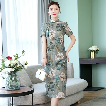 

2020 chinese dress cheongsam cotton linen qipao elegant wedding Chinese Female Rayon Dress Mandarin Collar Vintage Cheongsam