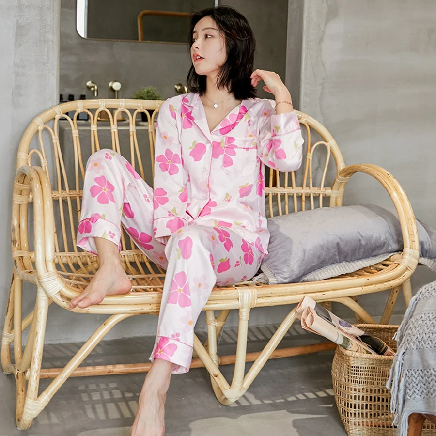 Pink Printed Pajama Set for Femme Silk Pyjamas Long Pants Set Sleepwear Women homewear suit Ladies Satin lady lingerie