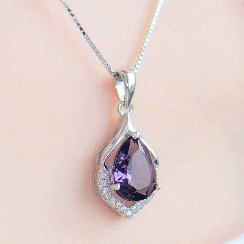 OMHXZJ European Fashion Woman Girl Party Wedding Gift Amethyst Zircon 925 Sterling Silver Necklace Pendant Charm CA88