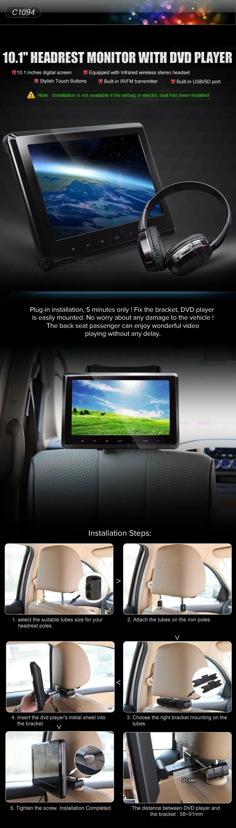 Flash Deal Single 10.1" HD Car Pillow Headrest Digital Monitor DVD Player car Attached Headrest PC with IR headphone Touch Button 1024*600 0