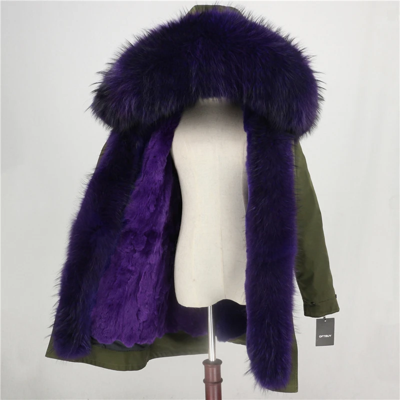 Длинная парка OFTBUY, водонепроницаемая верхняя одежда, пальто с натуральным мехом енота, Воротник из лисьего меха, капюшон, подкладка из кроличьего меха, Толстая теплая уличная одежда - Цвет: green purple E