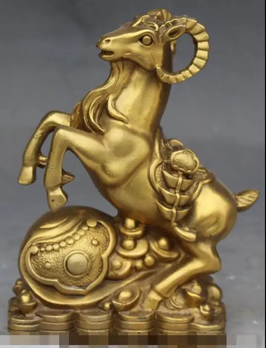 

S01438 8" Chinese Fengshui Bronze Wealth Yuanbao Money Sheep Goat Ram Ru Yi Statue B0403